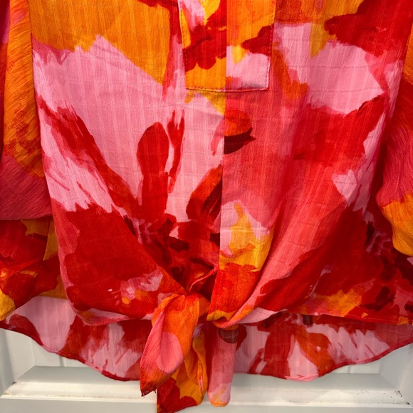 Rose + Olive Floral Balloon Sleeve Tie Front Blouse Orange Pink XS - Picture 2 of 6
